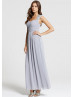 Gray Chiffon Lace Keyhole Back Long Prom Dress  